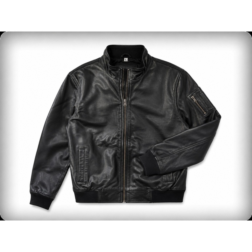 Genuine Cowhide Leather Bomber Jacket Mens Large Black Flight Jacket Zip Front